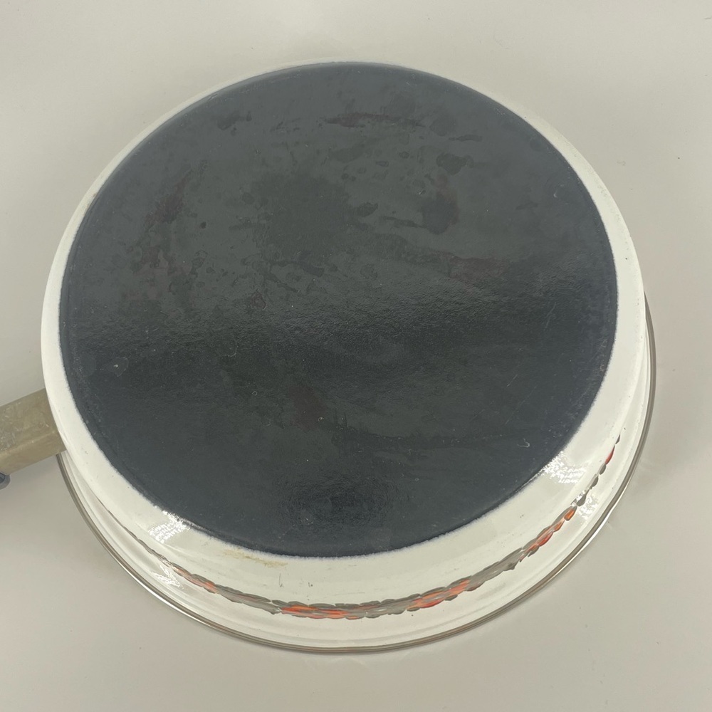 Vintage Enamel Cook Wear Pan Floral Red Lid Mid Century Modern MCM Skillet - Picture 3 of 7